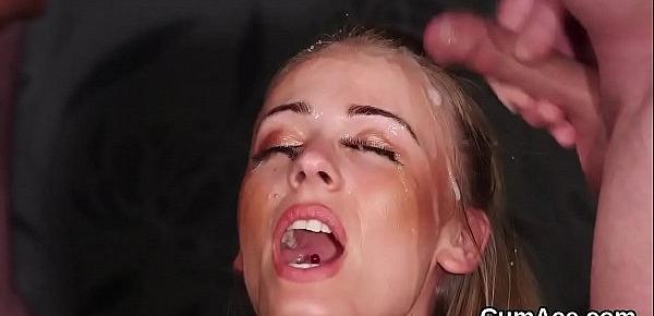  Flirty model gets cum shot on her face gulping all the cum